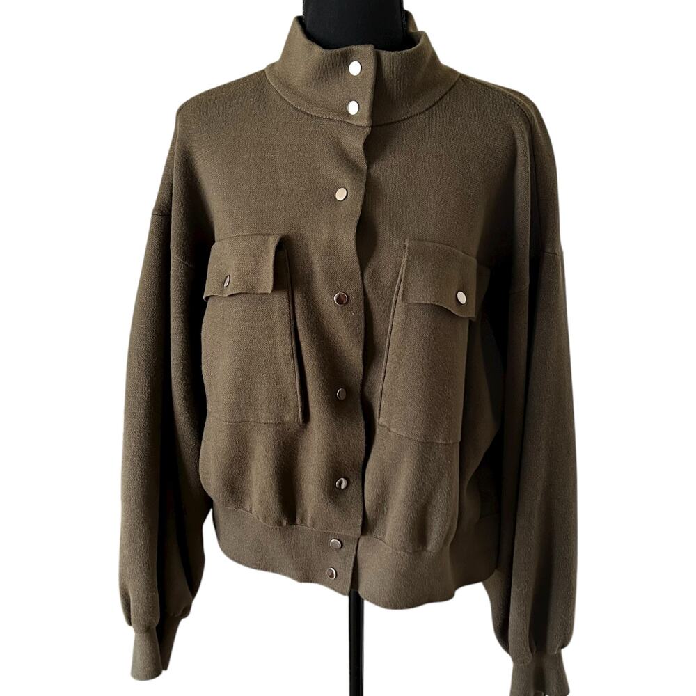 Marled Women's Soft Bomber Sweater Jacket Olive‎ Green Size XL Contemporary Chic